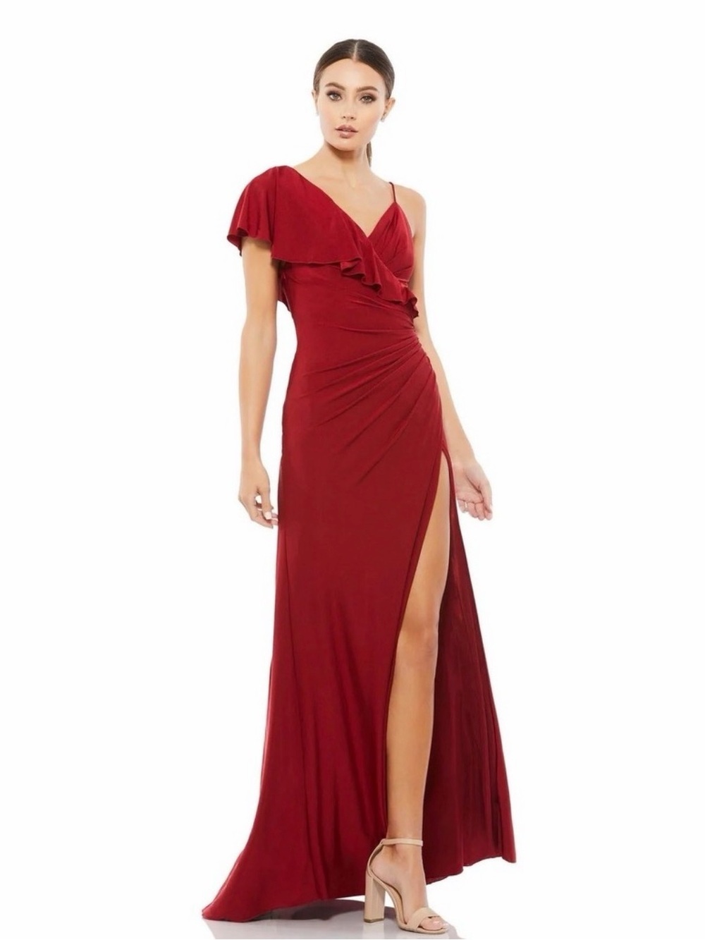 Women's One-Shoulder Ruffle High-Slit Evening Dress - Red